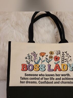 Boss Lady Floral Canvas Tote - Colorful Lettering